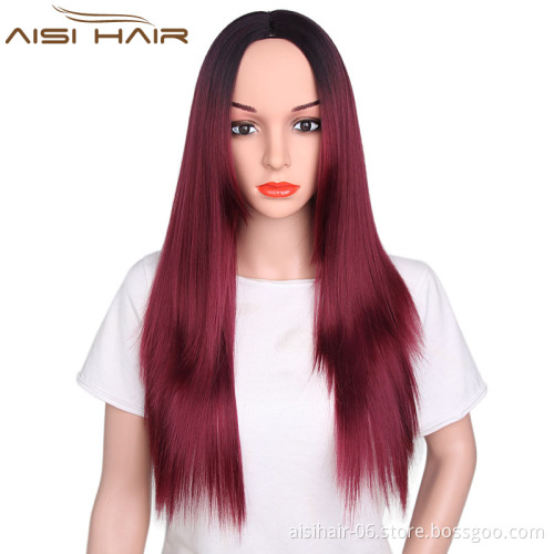 Aisi Hair New Arrivals Long Straight Wigs Heat Resistant Synthetic Ombre Wine Red Wigs For Black Women